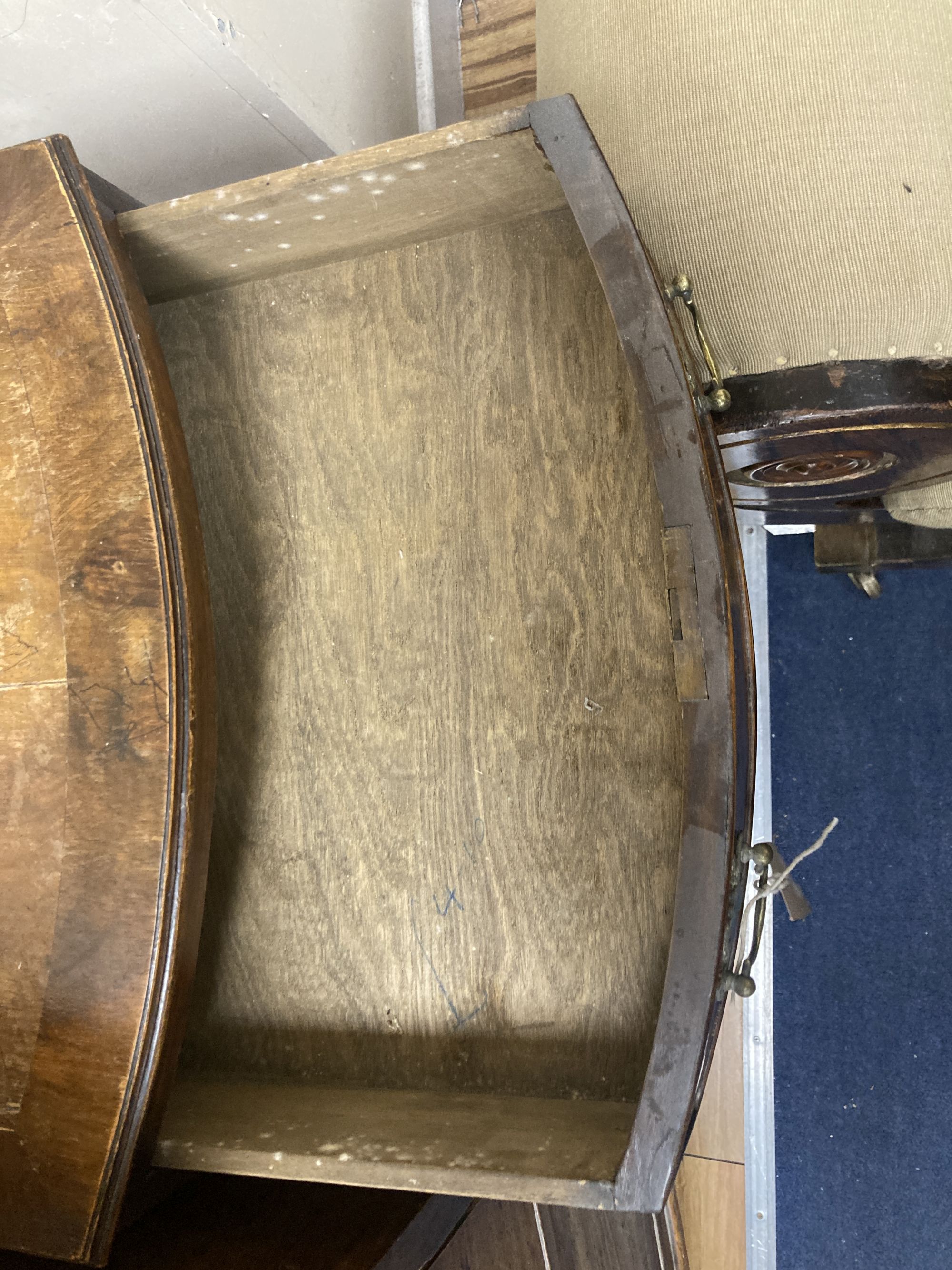 A small Queen Anne style walnut bow-fronted chest of drawers, width 44cm, depth 44cm, height 74cm
